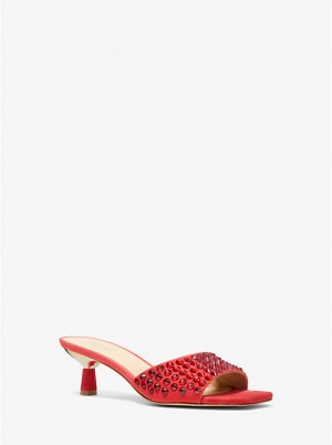 Michael Kors Amal Embellished Faux Suede Kitten Ženske Sandale CRIMSON | HR1760RVB