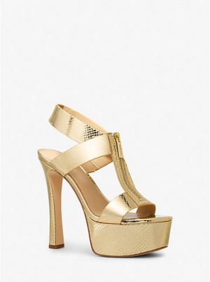 Michael Kors Berkley Metallic Snake Embossed Leather Platform Ženske Sandale Zlatne | HR1792BEW