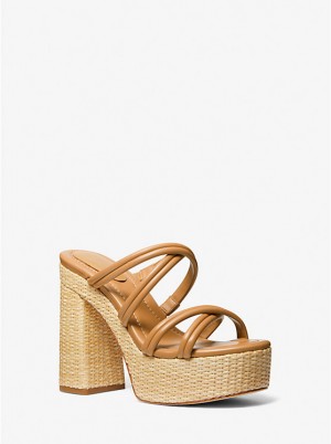 Michael Kors Corrine Leather and Straw Platform Ženske Sandale PALE PEANUT | HR1843NWM