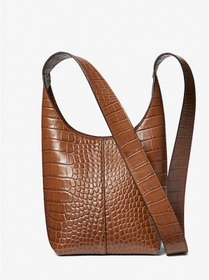 Michael Kors Dede Mini Crocodile Embossed Leather Hobo Ženske Torba preko Ramena CHESTNUT | HR1196TCM