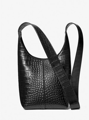 Michael Kors Dede Mini Crocodile Embossed Leather Hobo Ženske Torba preko Ramena Crne | HR1197YXQ