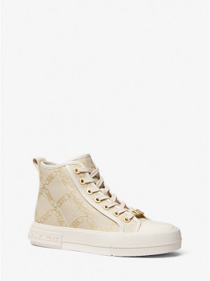 Michael Kors Evy Metallic Empire Logo Jacquard High-Top Ženske Tenisice PALE GOLD/NATURAL | HR1986GSU