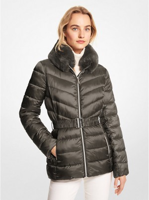 Michael Kors Faux Fur Trim Quilted Nylon Packable Puffer Ženske Jakna Maslinasto Zelene | HR1371BED