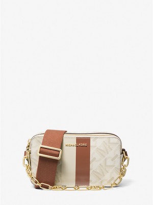 Michael Kors Jet Set Small Empire Signature Logo Stripe Double-Zip Camera Ženske Crossbody Torba VANILLA/LUGGAGE | HR1097PJO