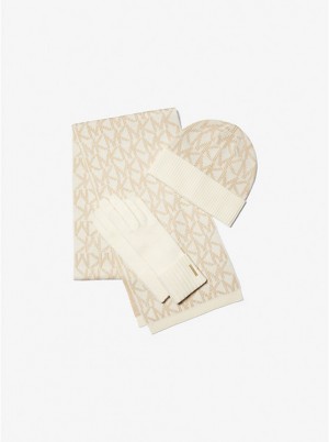 Michael Kors Logo Jacquard Scarf, Beanie and Gloves Gift Set Ženske Šeširi BONE | HR1009MQW