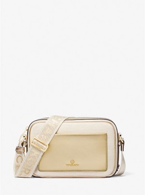 Michael Kors Maeve Large Canvas and Metallic Ženske Crossbody Torba PALE GOLD/NATURAL | HR1111BEV