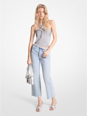 Michael Kors Metallic Stretch Knit Cutout Halter Tank Ženske Majica bez Rukava Srebrne | HR1480BEF