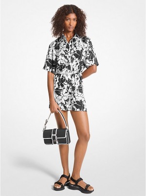 Michael Kors Palm Print Satin Romper Ženske Haljina BLACK/WHITE | HR1310GSY