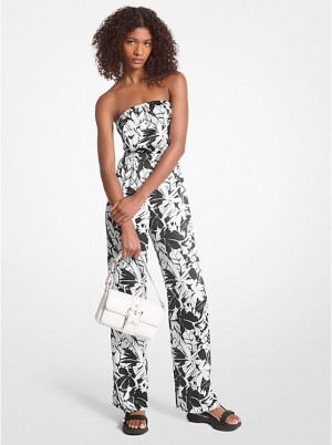 Michael Kors Palm Print Satin Tie-Back Jumpsuit Ženske Haljina BLACK/WHITE | HR1311HAU