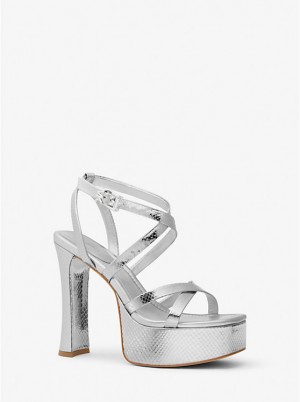 Michael Kors Paola Metallic Snake Embossed Leather Platform Ženske Sandale Srebrne | HR1939ZUF