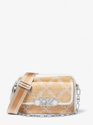 Michael Kors Parker Medium Empire Logo Jacquard Straw Ženske Crossbody Torba NAT/OPTICWHT | HR1128SGD