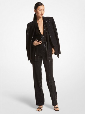 Michael Kors Pinstripe Sequined Crepe Boyfriend Blazer Ženske Jakna Crne | HR1399QMF