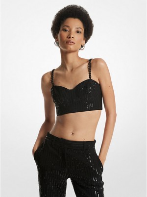 Michael Kors Pinstripe Sequined Crepe Bustier Ženske Topi Crne | HR1491DFN