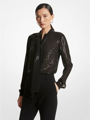 Michael Kors Pinstripe Sequined Georgette Tie-Neck Ženske Bluza Crne | HR1454EBG