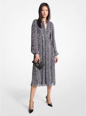 Michael Kors Pleated Leopard Print Georgette Midi Ženske Haljina BLACK/WHITE | HR1317CTD