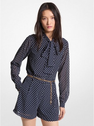 Michael Kors Polka Dot Georgette Belted Tie-Neck Romper Ženske Haljina MIDNIGHTBLUE | HR1318VRF