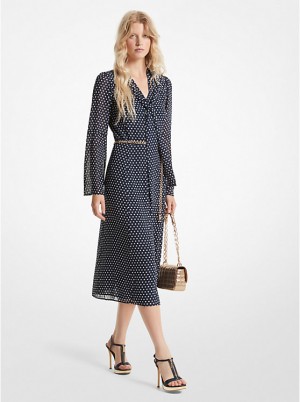 Michael Kors Polka Dot Georgette Tie-Neck Midi Ženske Haljina MIDNIGHTBLUE | HR1319BEG