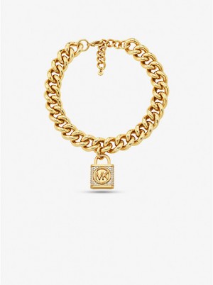 Michael Kors Precious Metal-Plated Brass Pavé Lock Curb Link Ženske Ogrlica Zlatne | HR1564OKJ