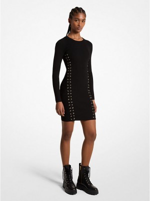 Michael Kors Ribbed Stretch Knit Lace-Up Ženske Haljina Crne | HR1323NWL