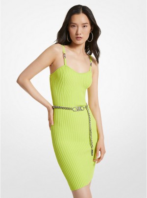 Michael Kors Ribbed Stretch Viscose Belted Bustier Ženske Haljina BRT LIMEADE | HR1328ZUB