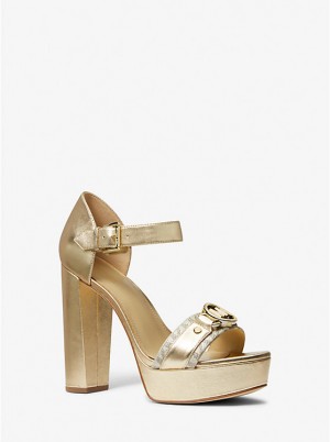 Michael Kors Rory Metallic Leather and Signature Logo Platform Ženske Sandale Zlatne | HR1953LIQ