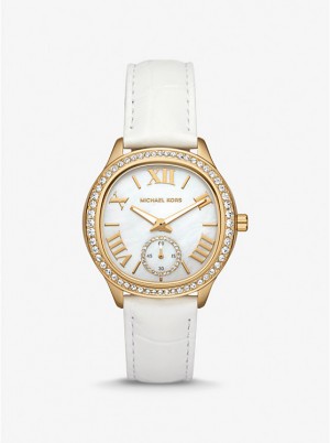 Michael Kors Sage Pavé Gold-Tone and Crocodile Embossed Leather Ženske Sat Bijele | HR1669PJF