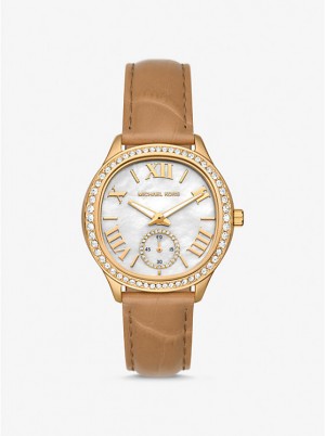 Michael Kors Sage Pavé Gold-Tone and Crocodile Embossed Leather Ženske Sat PEANUT | HR1670AHG