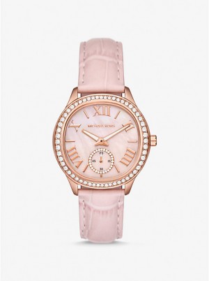 Michael Kors Sage Pavé Rose Gold-Tone and Crocodile Embossed Leather Ženske Sat Roze | HR1671SGH