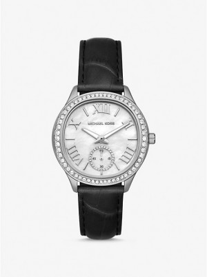 Michael Kors Sage Pavé Silver-Tone and Crocodile Embossed Leather Ženske Sat Crne | HR1672DFJ