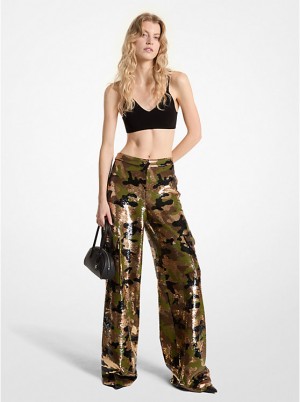 Michael Kors Sequined Camouflage Wide-Leg Cargo Ženske Hlače Tamno | HR1443OKR