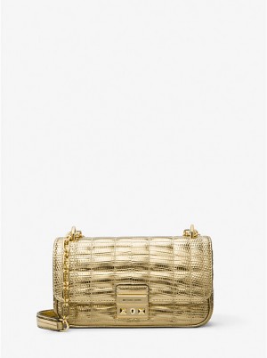 Michael Kors Tribeca Small Quilted Metallic Lizard Embossed Leather Ženske Torba preko Ramena Zlatne | HR1238YXG