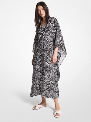 Michael Kors Zebra Organic Cotton Lawn Caftan Ženske Haljina BLACK/WHITE | HR1347QMH