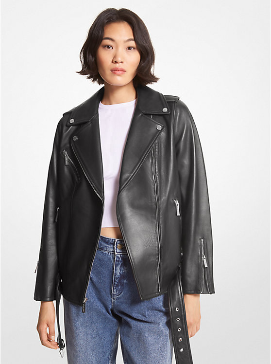 Michael Kors Belted Leather Biker Ženske Jakna Crne | HR1353YXC