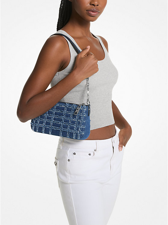 Michael Kors Empire Medium Frayed Denim Chain-Link Pochette Ženske Torba preko Ramena DENIM | HR1210LIF