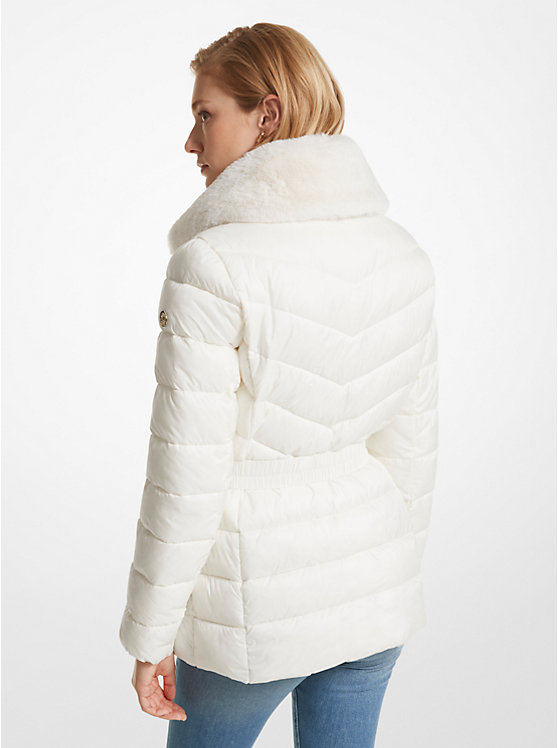 Michael Kors Faux Fur Trim Quilted Nylon Packable Puffer Ženske Jakna BONE | HR1370VRS