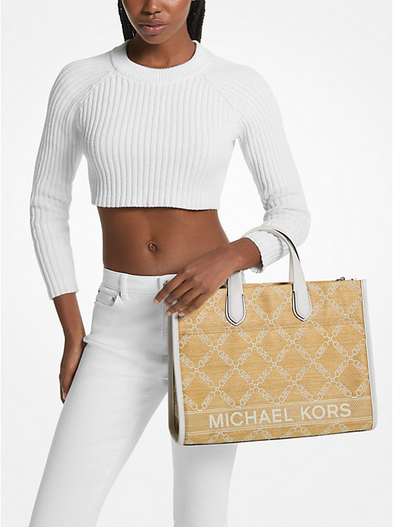 Michael Kors Gigi Large Empire Logo Jacquard Straw Ženske Tote NAT/OPTICWHT | HR1253PJE