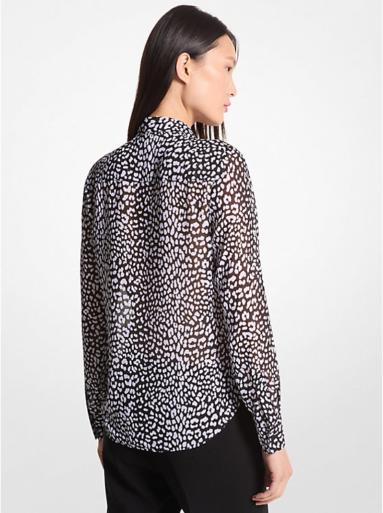 Michael Kors Graphic Leopard Print Georgette Tie-Neck Ženske Bluza BLACK/WHITE | HR1453WNF