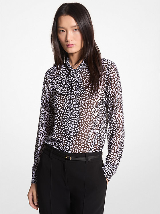 Michael Kors Graphic Leopard Print Georgette Tie-Neck Ženske Bluza BLACK/WHITE | HR1453WNF