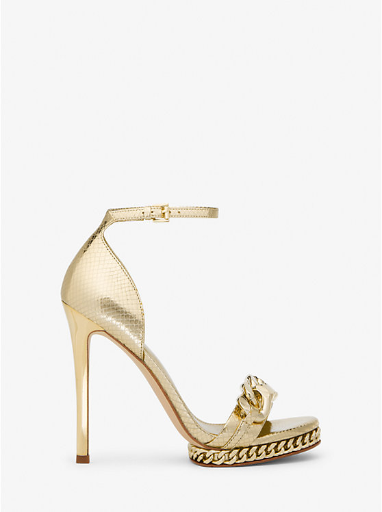 Michael Kors Jordyn Embellished Metallic Snake Embossed Leather Platform Ženske Sandale Zlatne | HR1891BEZ