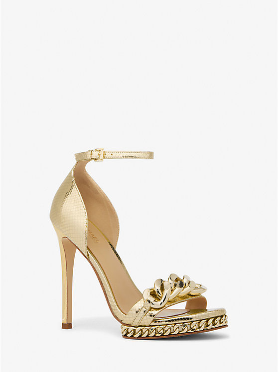 Michael Kors Jordyn Embellished Metallic Snake Embossed Leather Platform Ženske Sandale Zlatne | HR1891BEZ