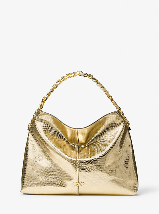 Michael Kors Jordyn Large Metallic Snake Embossed Leather Hobo Ženske Torba preko Ramena Zlatne | HR1219NWV