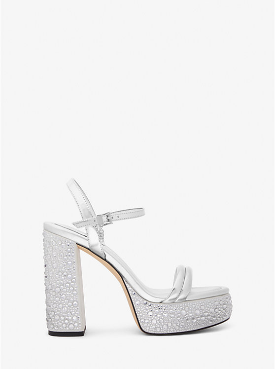 Michael Kors Laci Embellished Metallic Leather Platform Ženske Sandale Srebrne | HR1905GSU