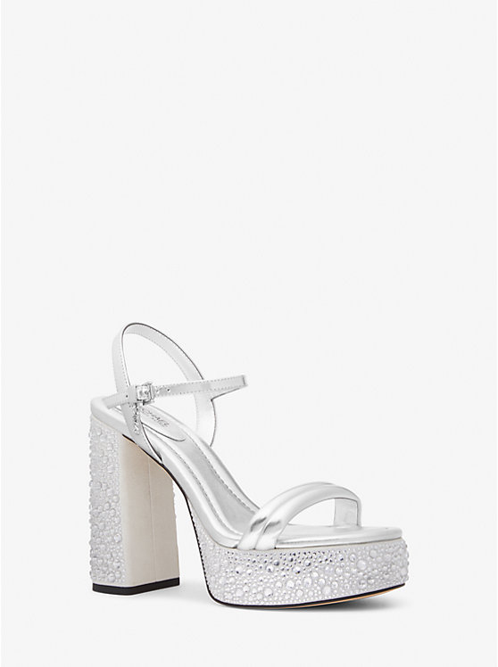 Michael Kors Laci Embellished Metallic Leather Platform Ženske Sandale Srebrne | HR1905GSU