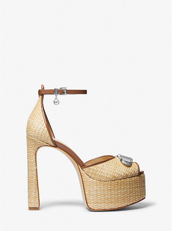 Michael Kors Martina Straw Peep-Toe Platform Pump Ženske Sandale NATURAL/LUGGAGE | HR1925YXM