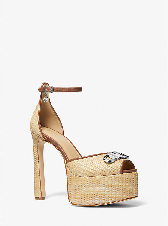 Michael Kors Martina Straw Peep-Toe Platform Pump Ženske Sandale NATURAL/LUGGAGE | HR1925YXM