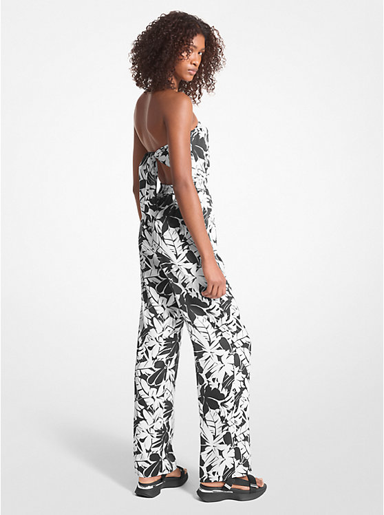 Michael Kors Palm Print Satin Tie-Back Jumpsuit Ženske Haljina BLACK/WHITE | HR1311HAU