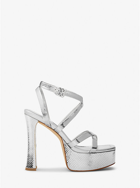 Michael Kors Paola Metallic Snake Embossed Leather Platform Ženske Sandale Srebrne | HR1939ZUF