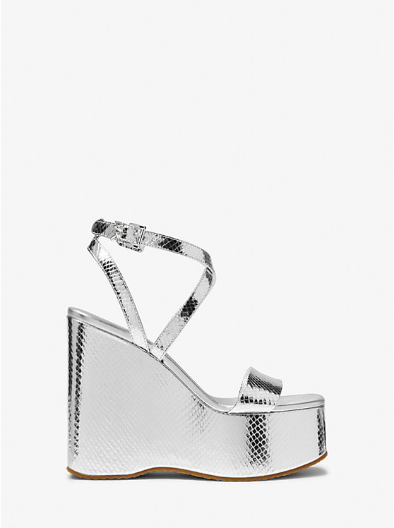 Michael Kors Paola Metallic Snake Embossed Leather Wedge Ženske Sandale Srebrne | HR1940XYG