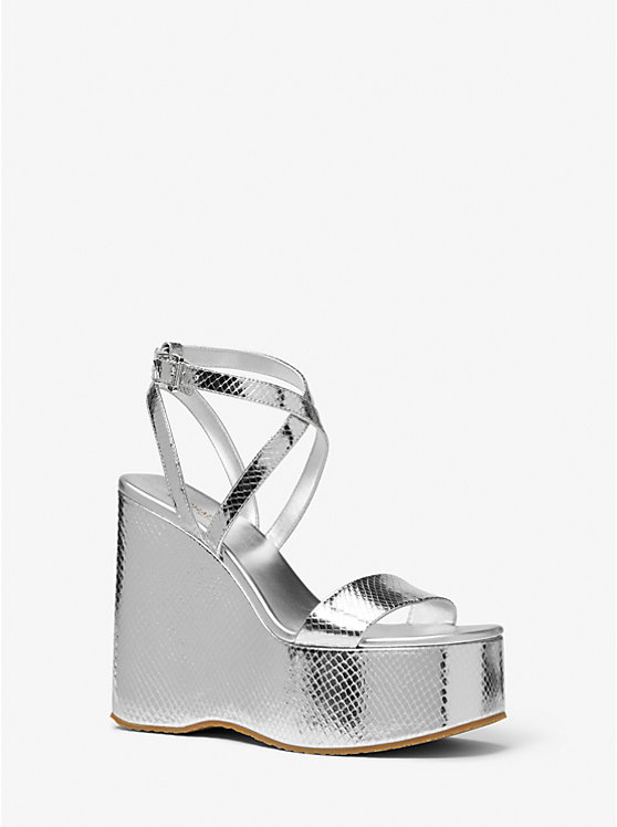 Michael Kors Paola Metallic Snake Embossed Leather Wedge Ženske Sandale Srebrne | HR1940XYG