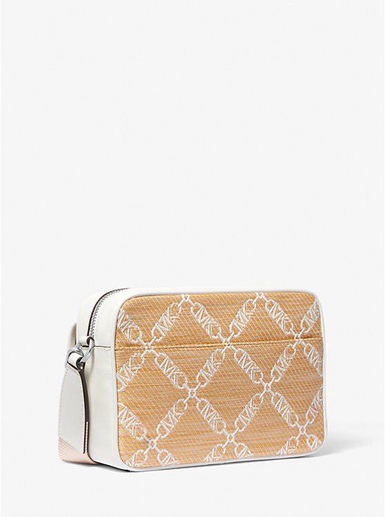 Michael Kors Parker Medium Empire Logo Jacquard Straw Ženske Crossbody Torba NAT/OPTICWHT | HR1128SGD